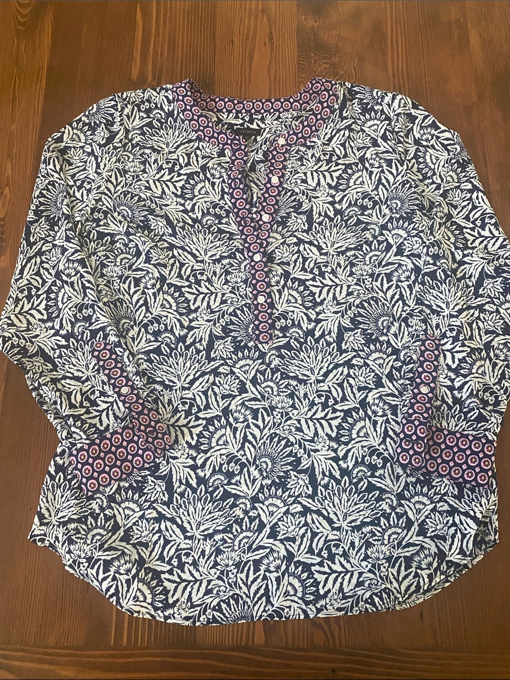 Talbots Navy and White Floral Tunic with Pink Trim